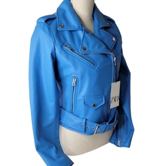 ZARA blue Faux Leather Biker Jacket Size S Moto chic streetwear urban fashion - Picture 5 of 10